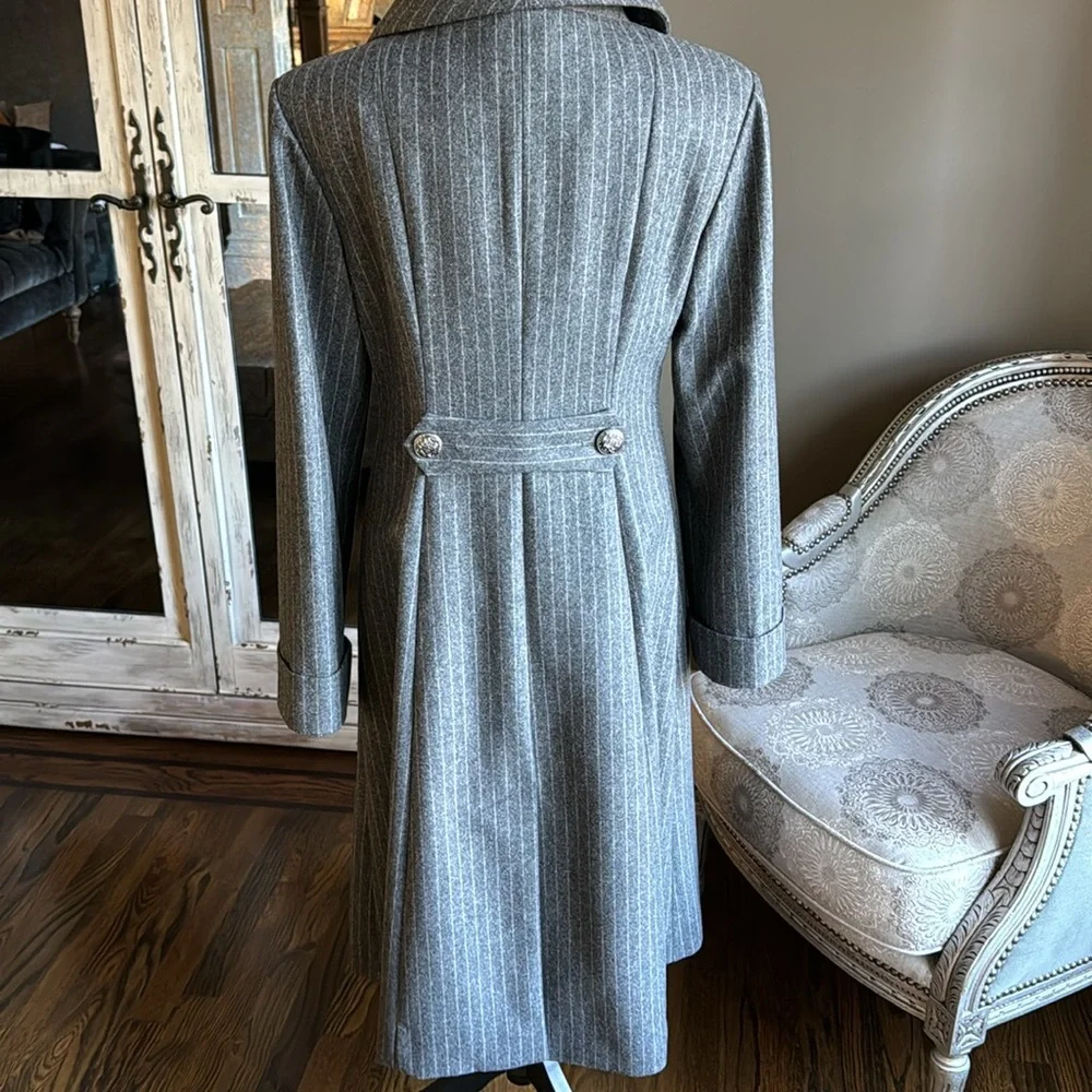 Chanel gray pinstripe wool coat jacket double breasted Hamburg trench gray sz 38
